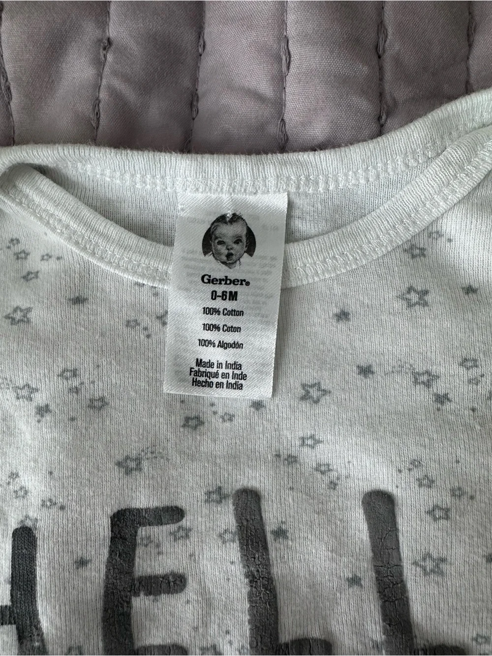 Gerber White Baby Gown with Gray Stars and HELLO Script